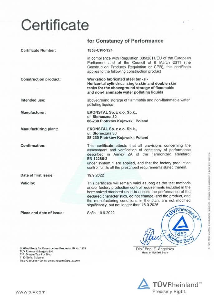 Ekonstal ze znakiem CE dla zbiorników naziemnych - Certyfikat Consistancy of performance