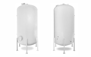 A steel, vertical tank for storing cooking oil